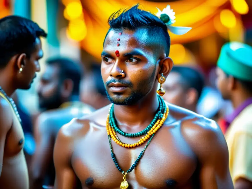 Devoto en el Festival de Thaipusam en Asia, con piercings y ganchos, rostro sudoroso y mirada de intensa devoción, rodeado de color y espiritualidad