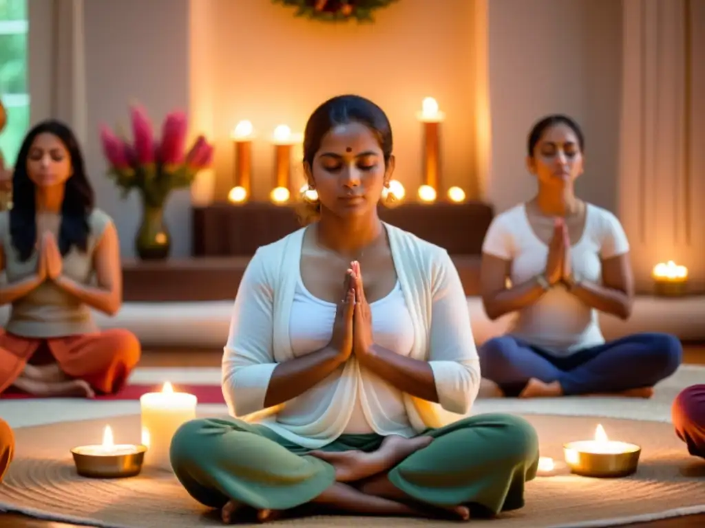 Devotos practicando Bhakti Yoga en círculo, iluminados por velas e inmersos en la devoción