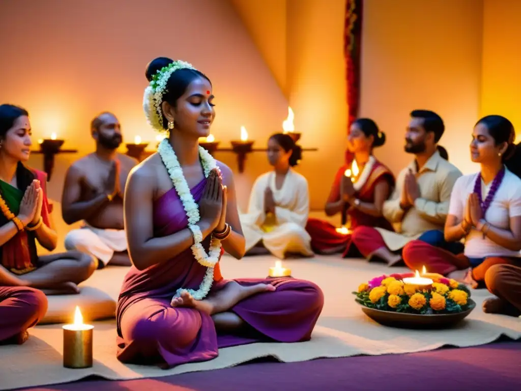 Devotos celebran una ceremonia de Bhakti Yoga con música, flores y ofrendas, mostrando el poder transformador del Bhakti Yoga