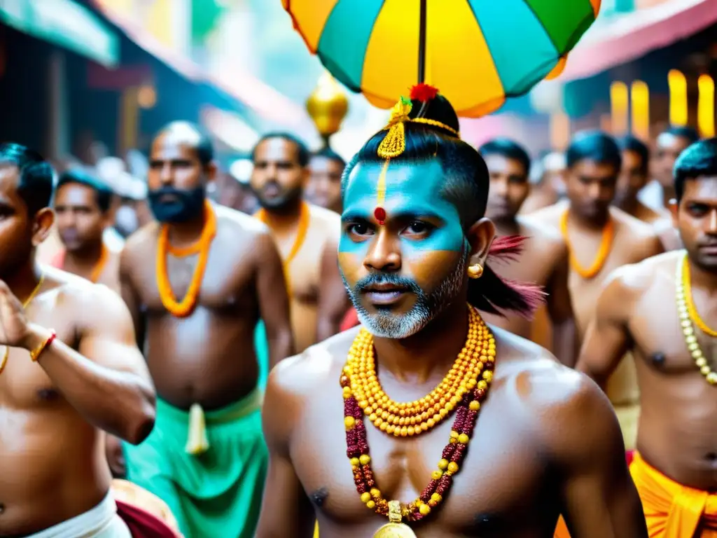 Devotos coloridos participan en el intenso Festival de Thaipusam en Asia, llevando kavadis y expresando fervor religioso