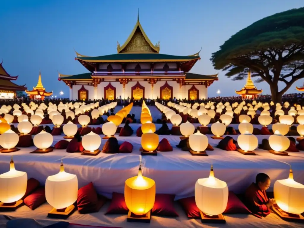 Devotos en festival budista, orando y meditando frente a un templo decorado, iluminados por velas y linternas