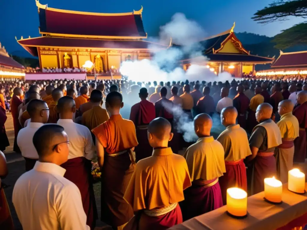 Devotos en el Festival budista Ulambana, inclinan respetuosamente ante altar adornado, iluminado por velas y humo de incienso