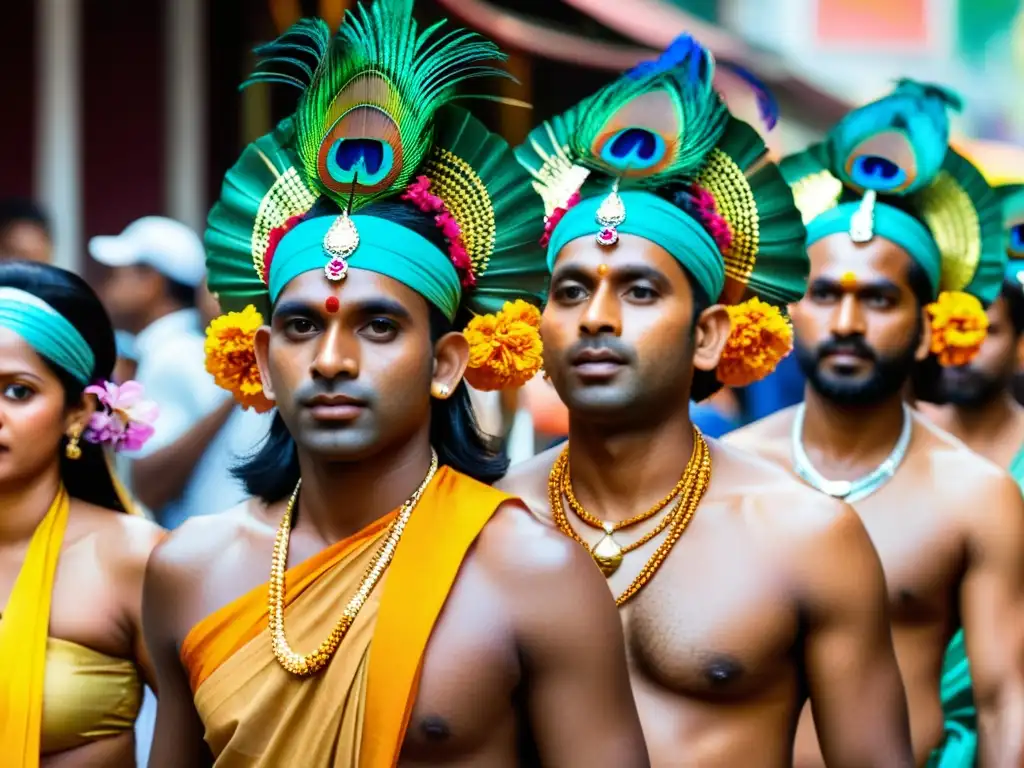 Devotos en el Festival de Thaipusam en Asia, llevando kavadis adornados y demostrando su devoción con intensidad espiritual y colorido vibrante