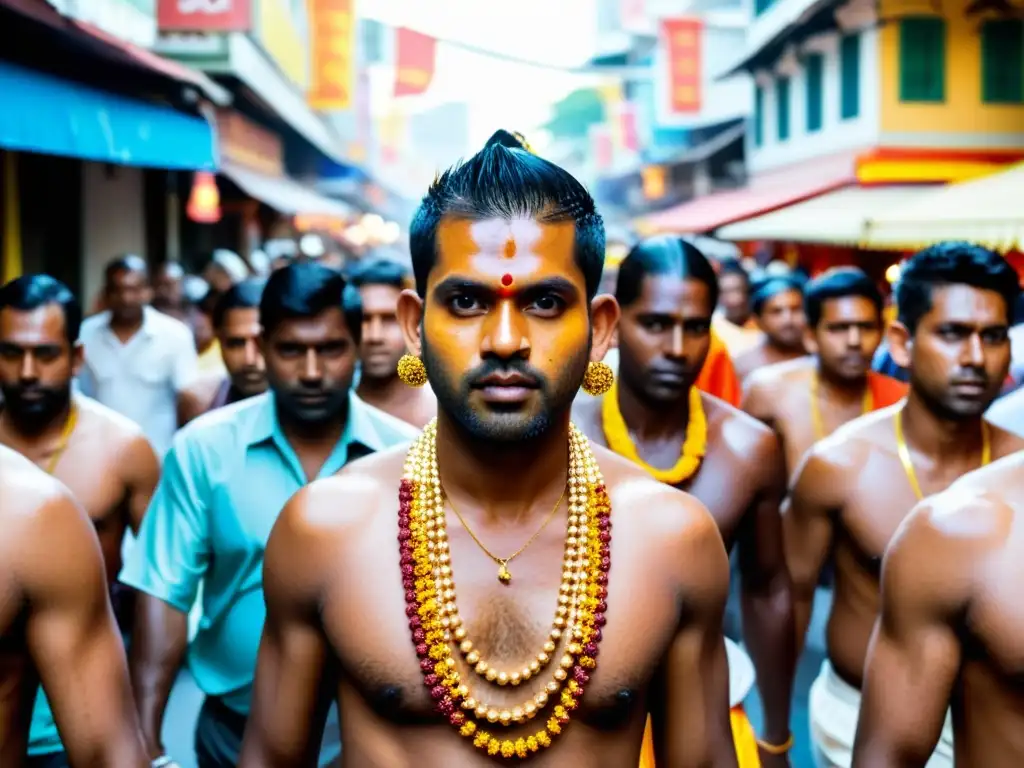 Devotos en el Festival de Thaipusam en Asia, llevando kavadis entre la bulliciosa multitud, derrochando tradición y fervor cultural