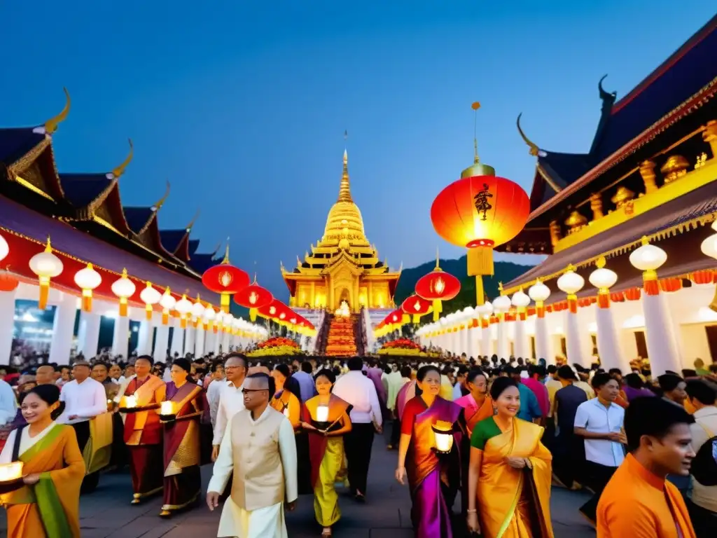 Devotos en el festival de Vesak, llevando linternas ornamentadas mientras las antiguas templos se iluminan