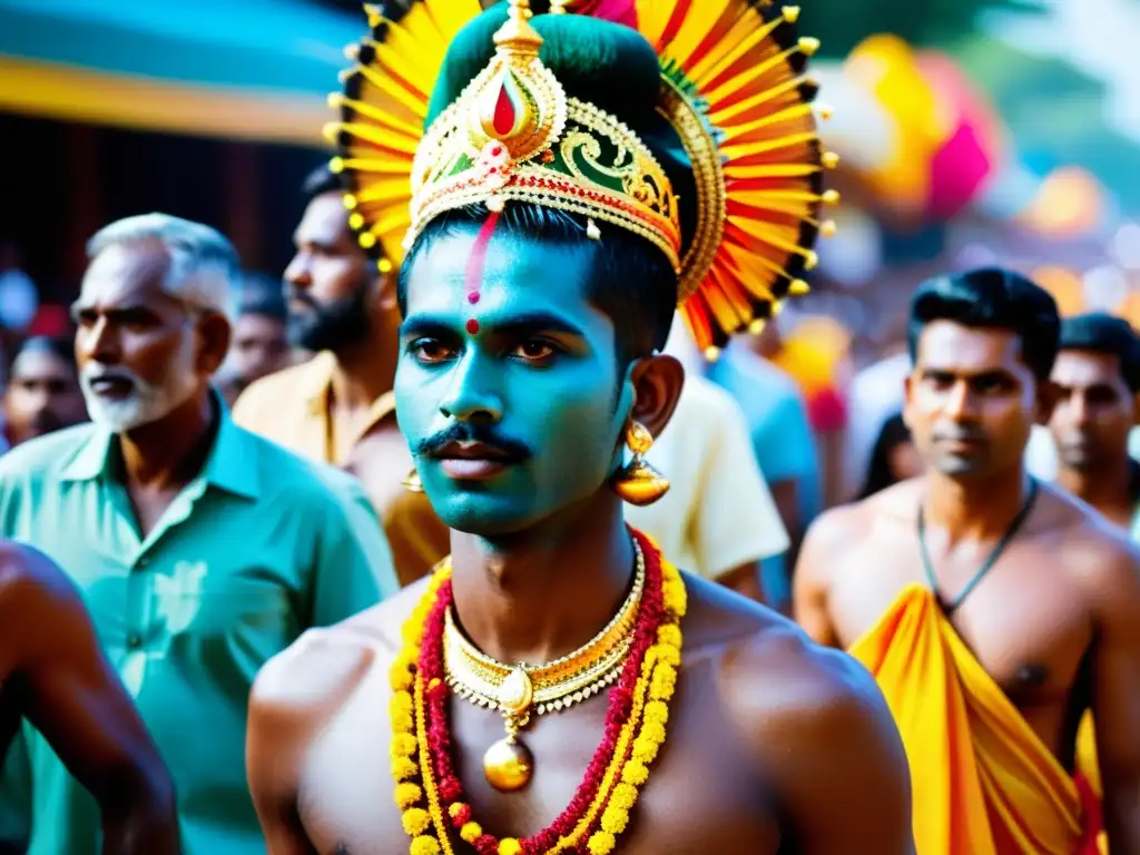 Devotos en procesión durante el intenso festival Taipusam, con coloridos trajes y ofrendas kavadi