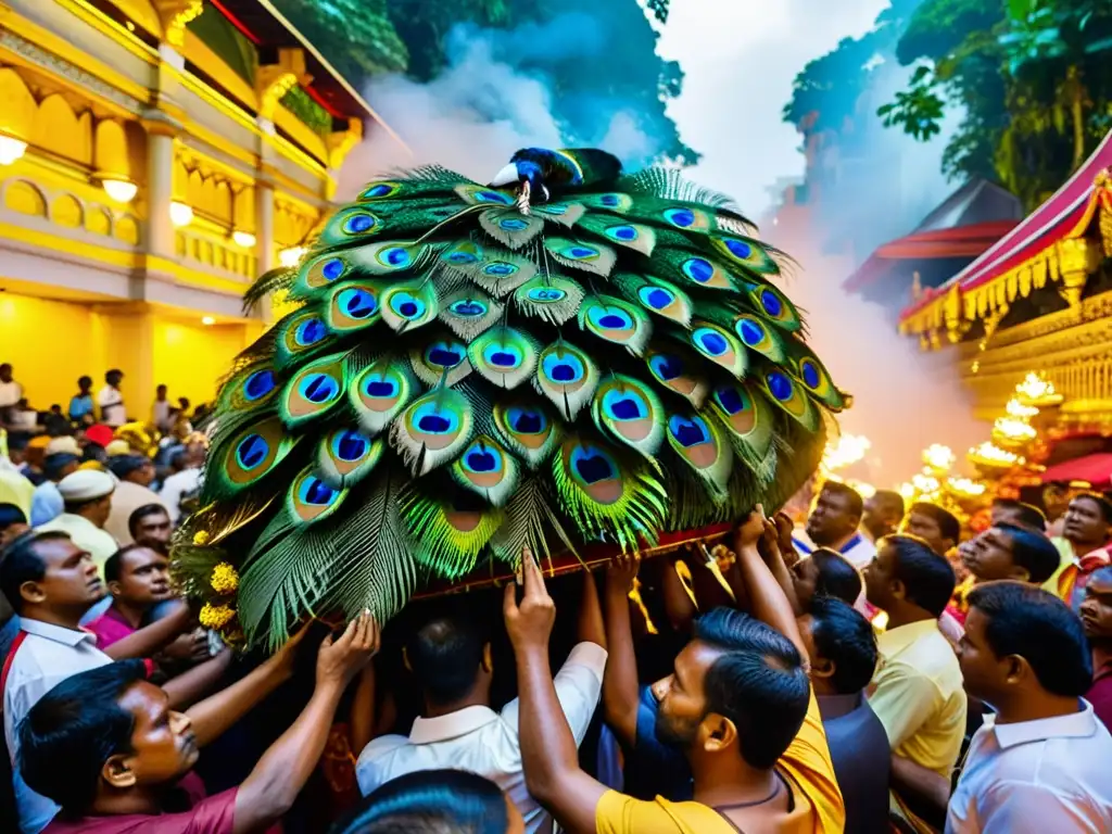 Devotos llevando kavadis adornados durante el Festival de Thaipusam en Asia, rodeados de una atmósfera vibrante y de fe