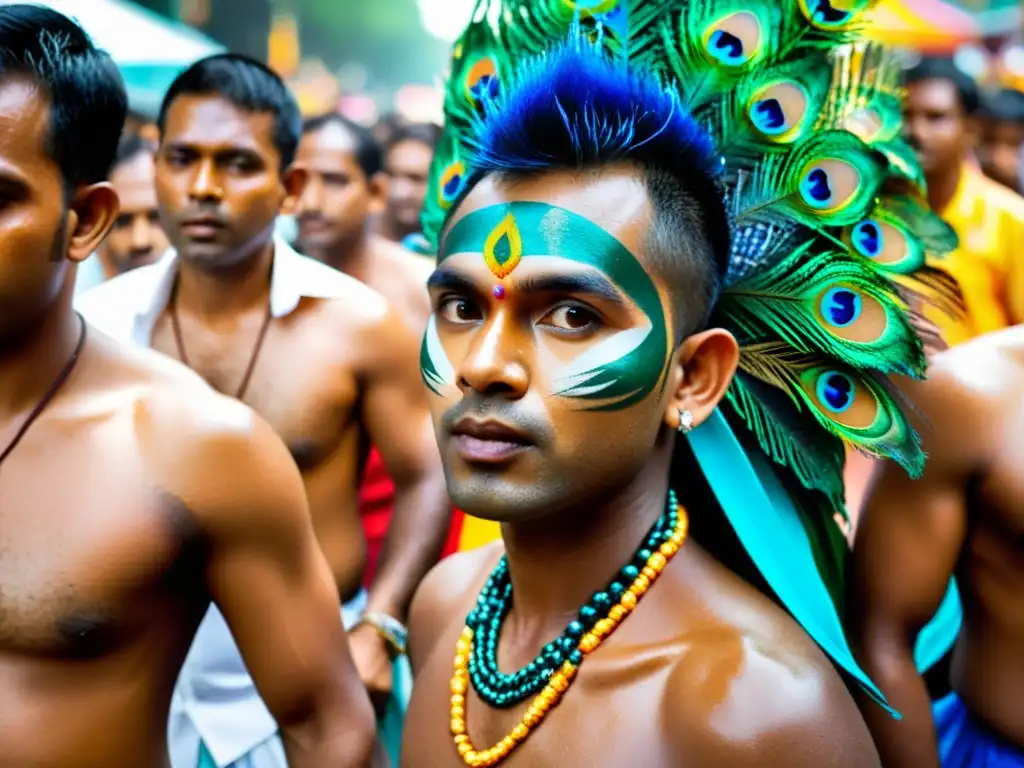 Devotos llevan kavadis adornados con plumas de pavo real en el Festival de Thaipusam en Asia, mostrando determinación y devoción en vibrante procesión