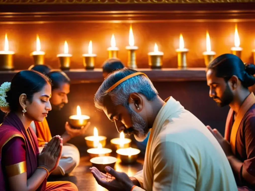 Devotos en meditación y oración, iluminados por velas en un templo hindú, evocando la esencia de Bhakti Yoga en la tradición hindú