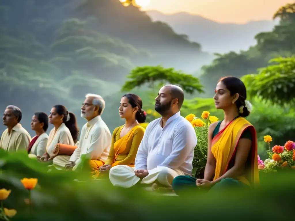 Devotos en profunda meditación en un ashram, iluminados por la suave luz dorada del atardecer, expresando el poder transformador del Bhakti Yoga