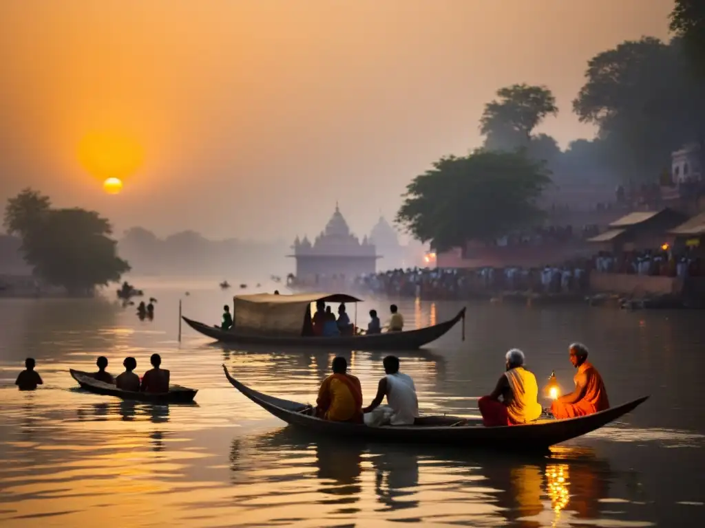 Devotos hindúes realizando rituales matutinos a orillas del río Ganges al amanecer, transmitiendo el significado de la reencarnación hindú