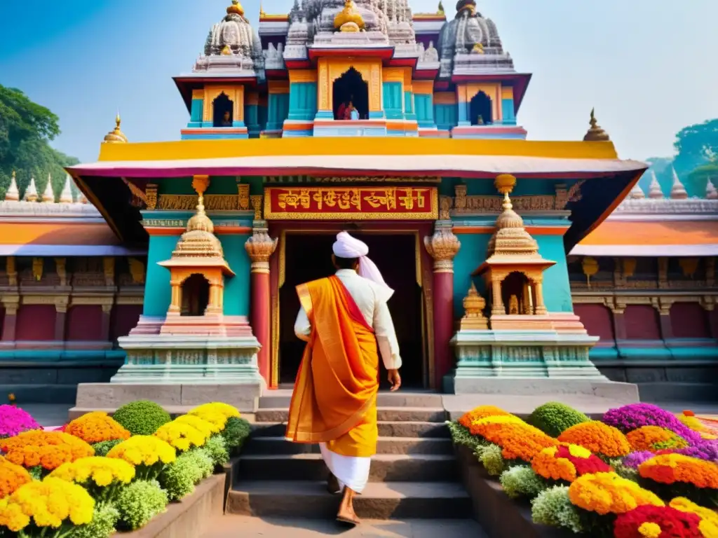 Devotos realizan rituales en un templo hindú, ofreciendo flores y polvos de colores