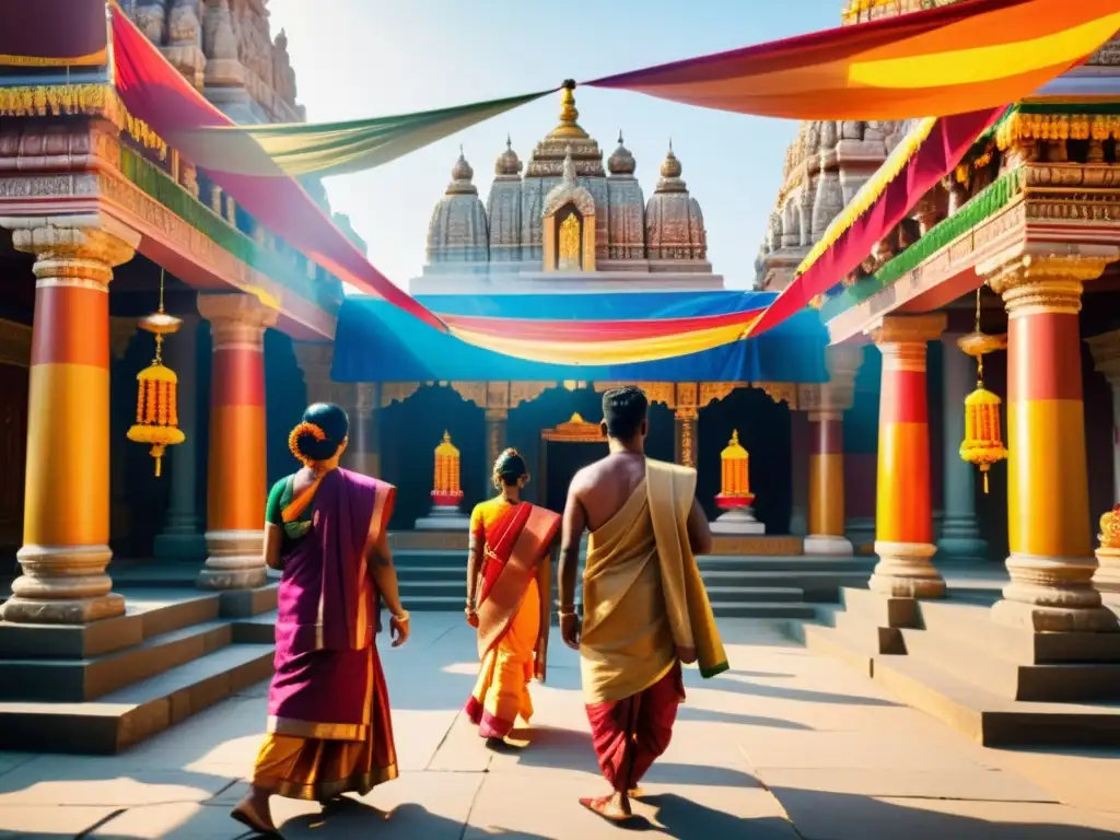 Devotos se reúnen en un templo hindú histórico para celebrar el Festival Hindú Basant Panchami, con coloridas banderas y pilares tallados