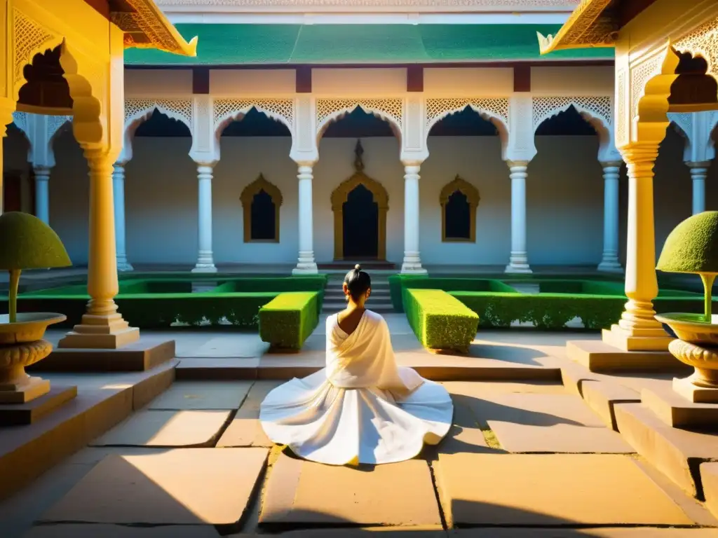 Devotos en meditación en un templo jainista, rodeados de exquisitas esculturas y jardines