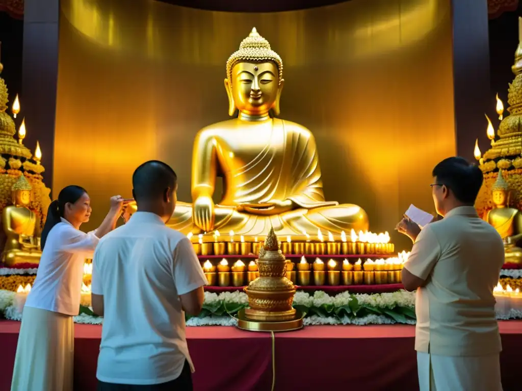 Devotos encienden velas e incienso frente a una estatua dorada de Buda en un festival budista, exudando devoción y significado espiritual