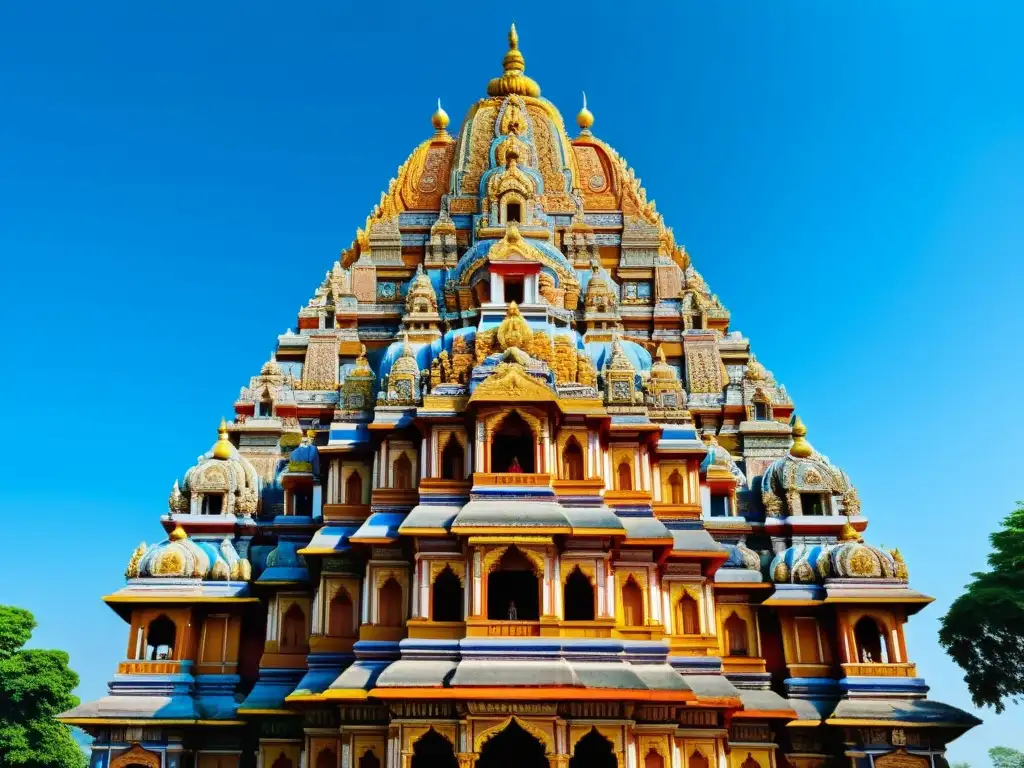 Dharma en el hinduismo: Majestuoso templo hindú con intrincadas esculturas y colores vibrantes, rodeado de naturaleza y espiritualidad