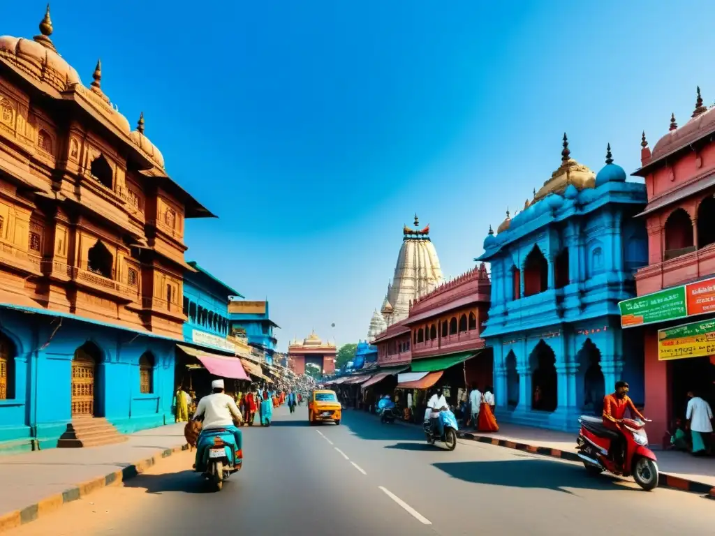 Día animado en la India, con gente, edificios coloridos y templos hindúes bajo un cielo azul brillante, destacando el Dharma en el hinduismo