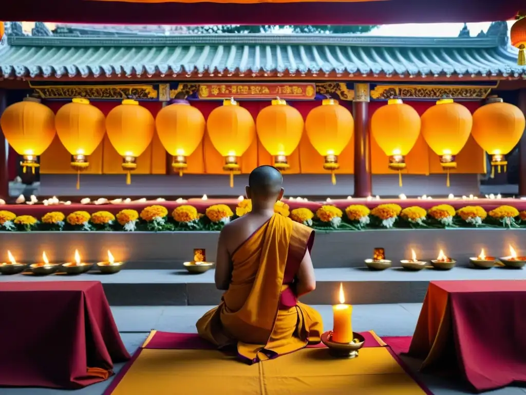 Día de Asalha Puja budista: Ceremonia en un templo con monjes, devotos y arquitectura ornamentada, en una escena vibrante y solemne