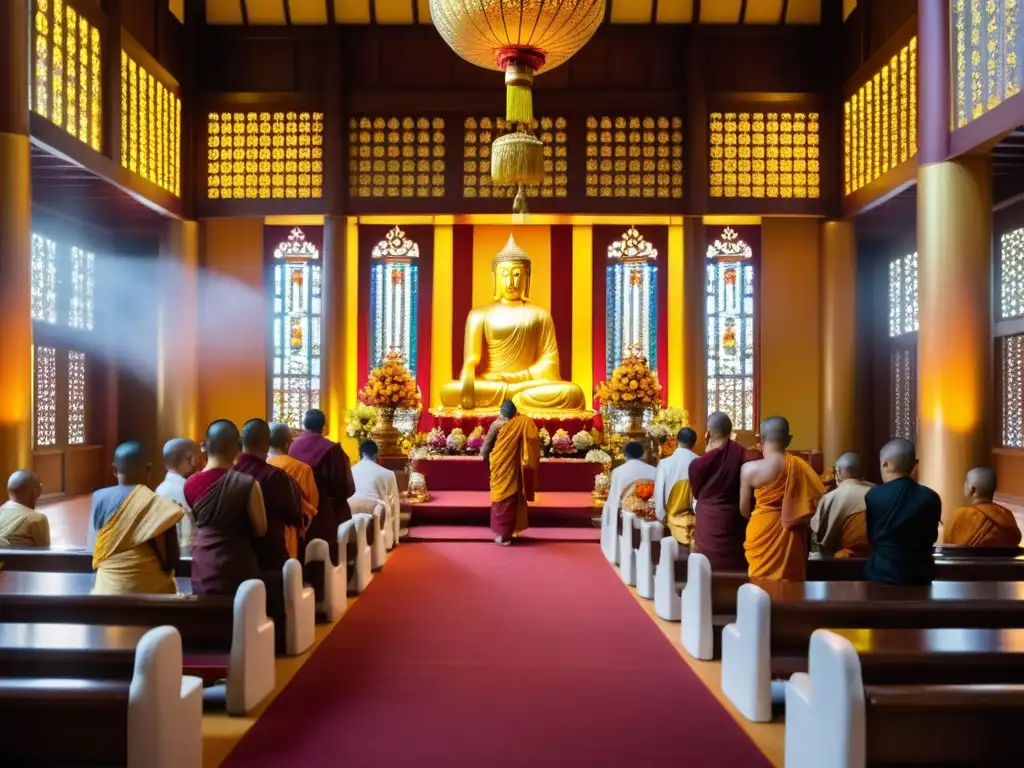 En el Día de Asalha Puja budista, monjes y devotos se reúnen en un templo bellamente adornado, con estatuas doradas de Buda y tapices intrincados