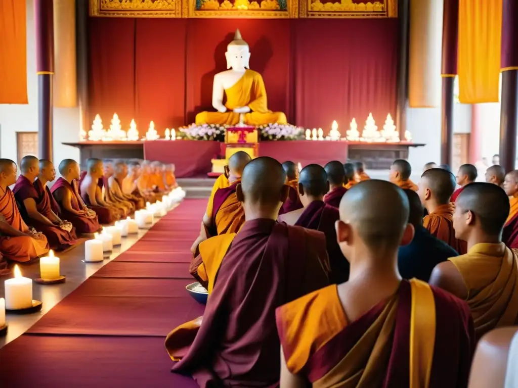 Día de Asalha Puja budista: Monjes y devotos reunidos en un hermoso templo, celebrando rituales espirituales en un ambiente vibrante y sereno