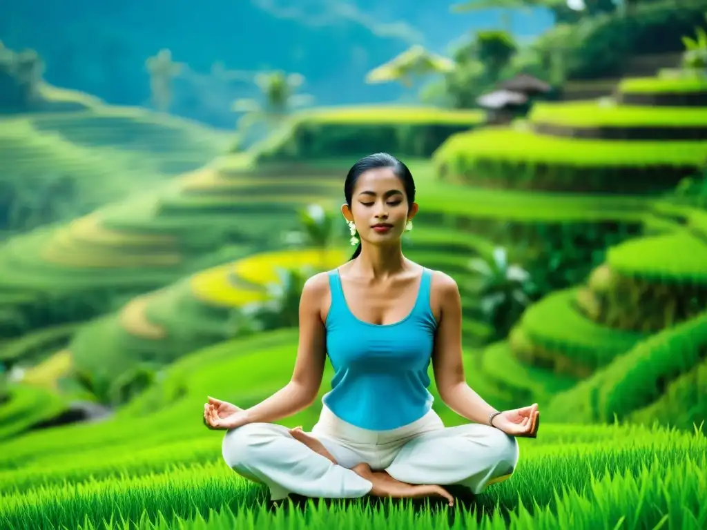 Día del Silencio en Bali: Mujer en pose de yoga en armonía con la naturaleza en paisaje sereno de arrozales y cielo azul