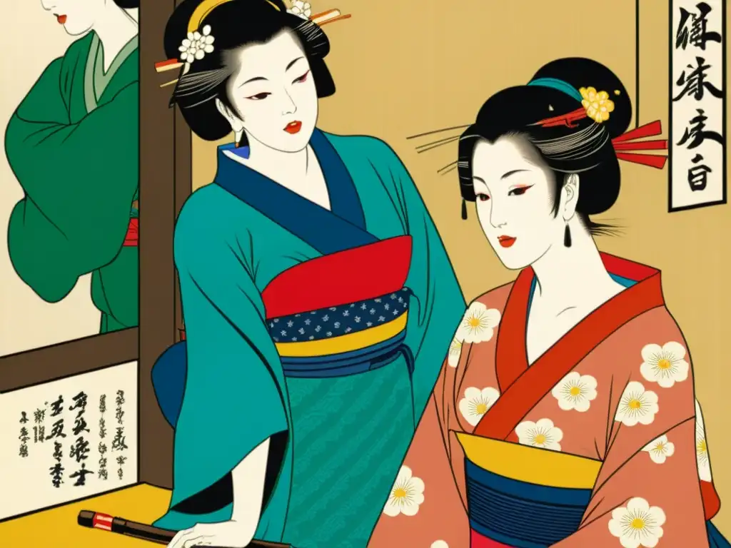 Dibujo japonés detallado de mujeres en kimonos realizando actividades artísticas