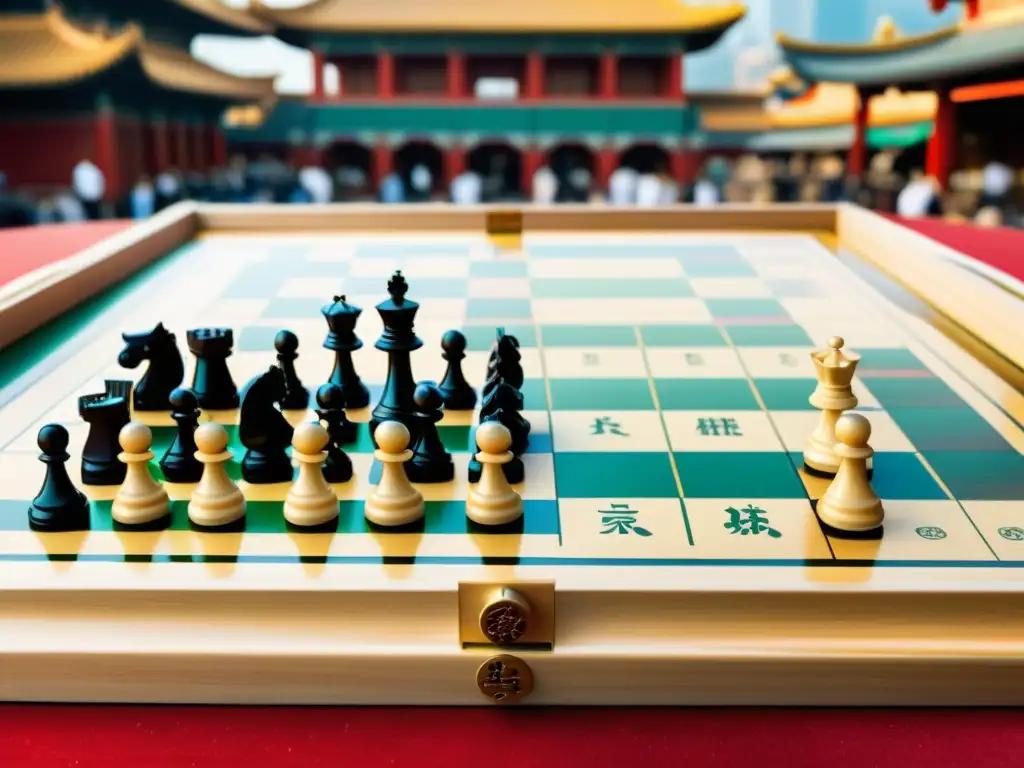 Diferencias entre Xiangqi y Ajedrez: Imagen detallada de tableros y piezas en un mercado chino y una plaza europea, con jugadores inmersos en el juego