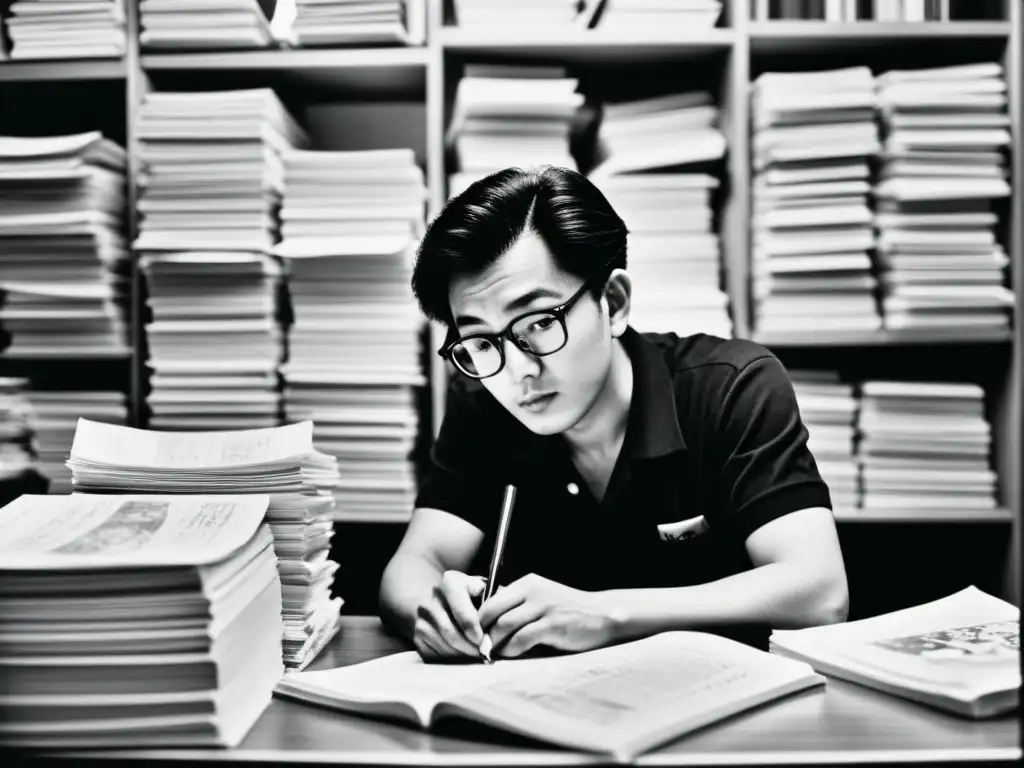 Osamu Tezuka, el 'Dios del Manga', concentradamente crea arte en su escritorio, rodeado de bocetos