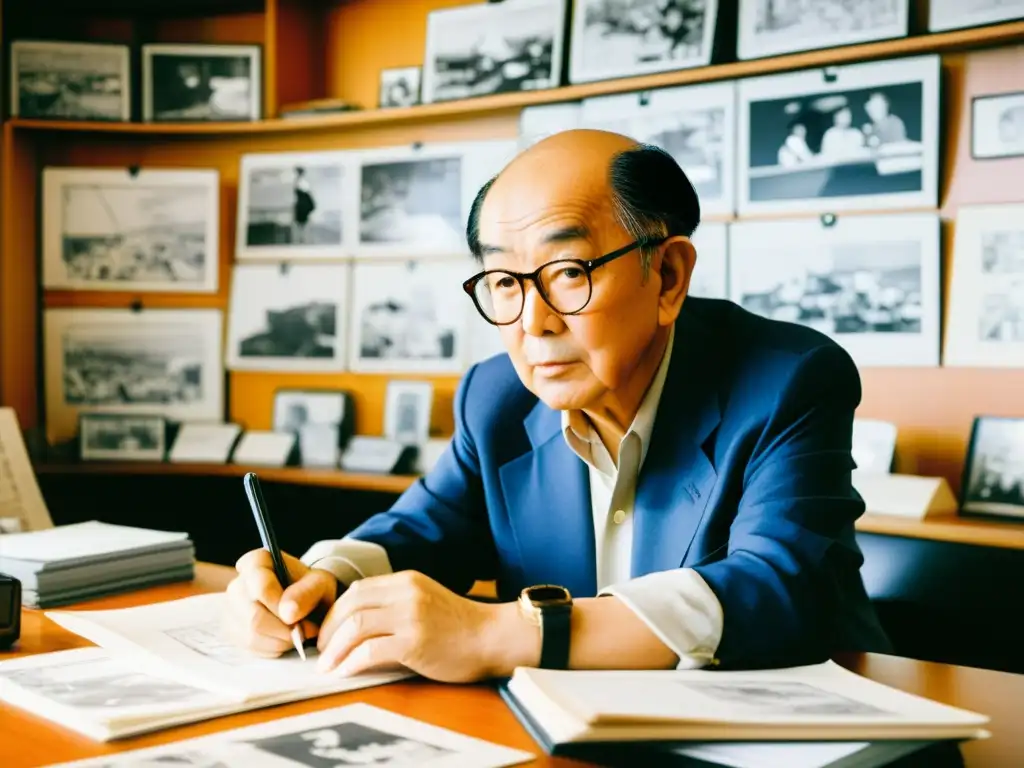 Osamu Tezuka, el 'Dios del Manga', concentrado en su escritorio rodeado de bocetos y guiones, reflejando los orígenes del arte animado japonés