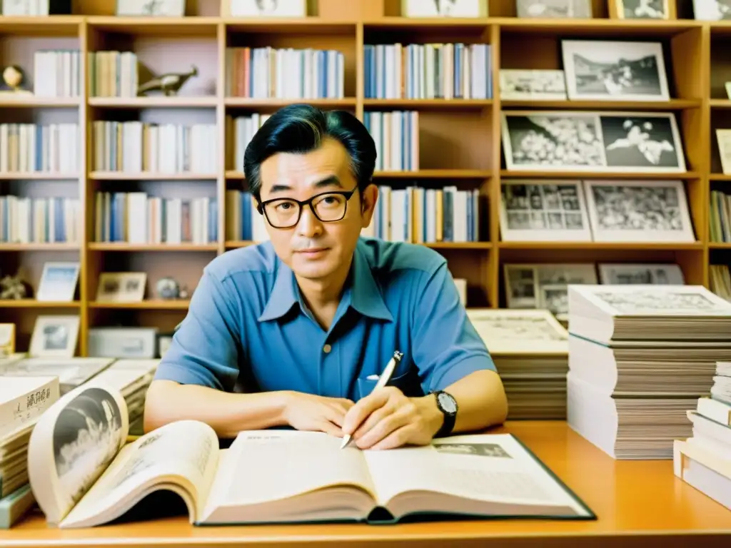 Osamu Tezuka, el 'Dios del Manga', trabajando en su escritorio rodeado de bocetos y figuras de anime