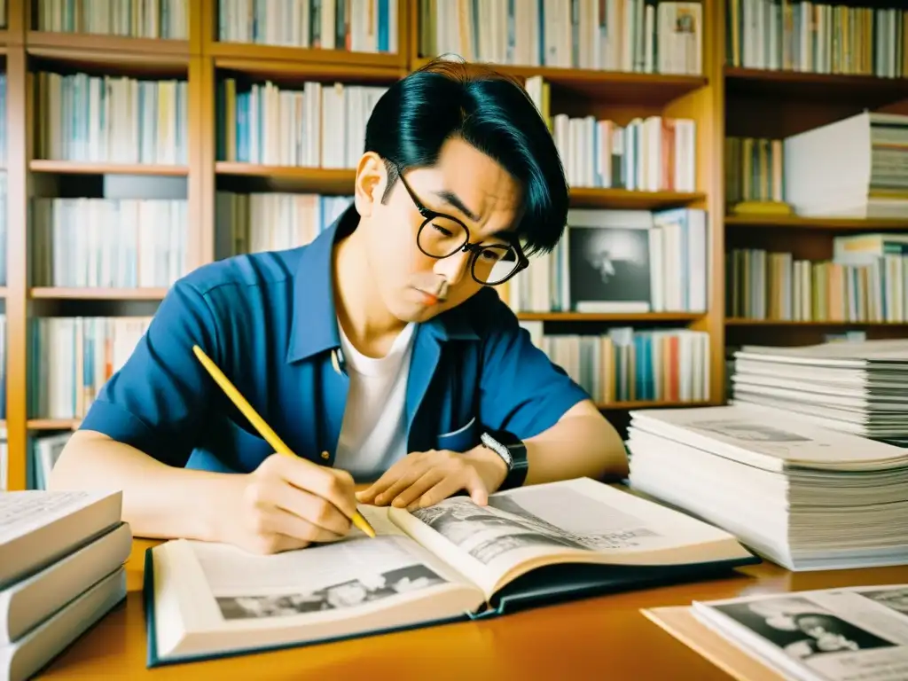 Osamu Tezuka, el 'Dios del Manga', trabajando en su escritorio rodeado de bocetos, materiales de referencia y volúmenes de manga