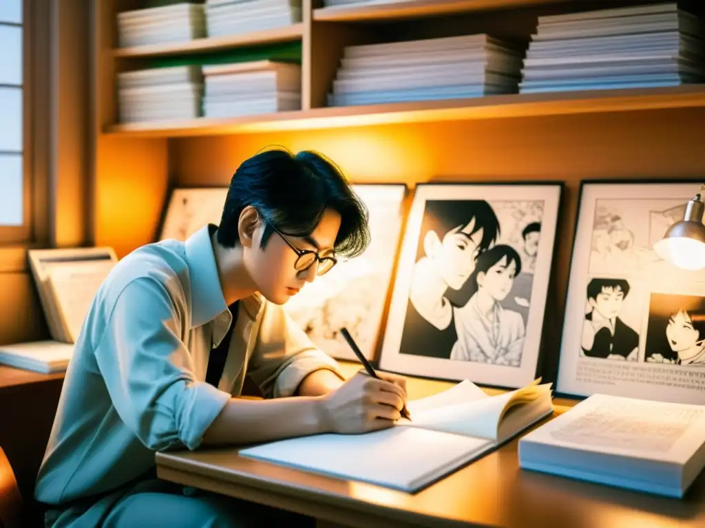 Osamu Tezuka, el 'Dios del Manga', trabaja en su estudio rodeado de bocetos, ilustraciones y manuscritos de manga, reflejando el origen y evolución del manga en la era Showa