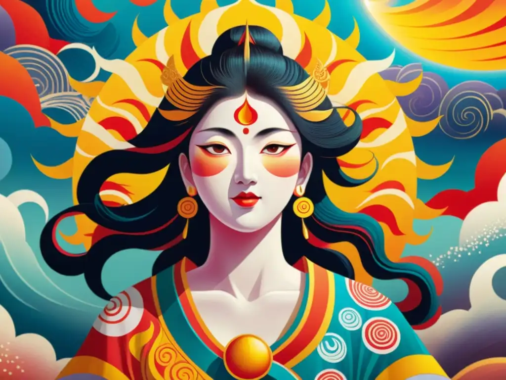 La diosa del sol Amaterasu emerge de una pintura vibrante y etérea, reflejando la esencia espiritual del arte Shinto