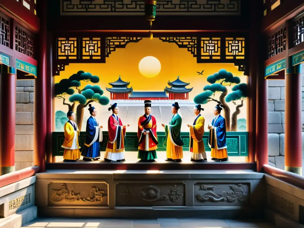 Diplomacia antigua China: mural detallado de diplomáticos en palacio imperial, estrategizando y negociando en una escena opulenta y cultural