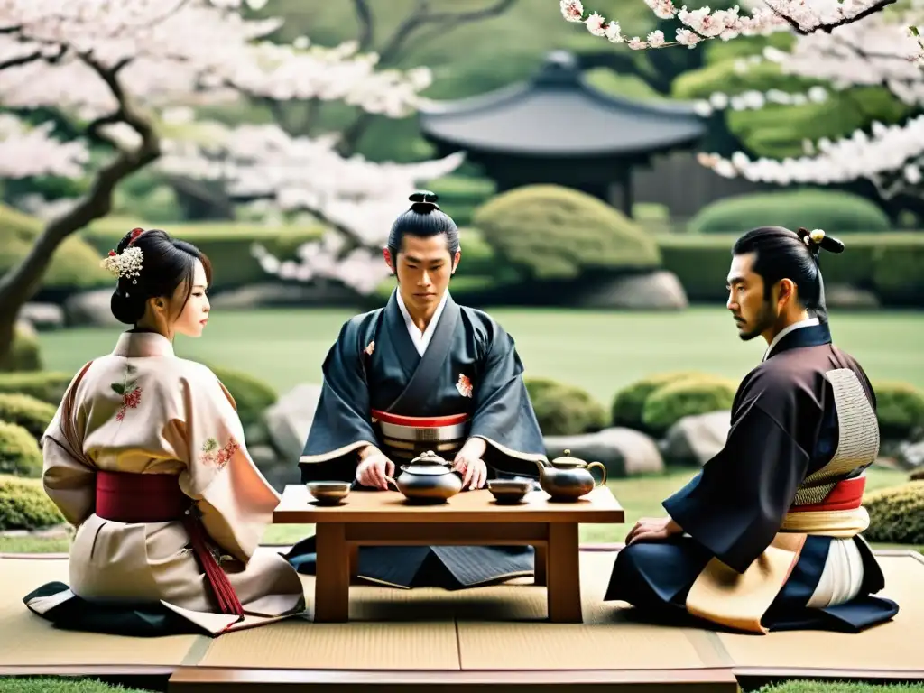 Negociación samurai en la diplomacia: Ceremonia de té formal en un jardín japonés con samuráis y cerezos en flor