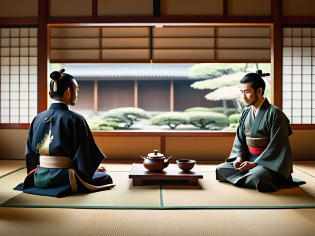 Negociación samurai en la diplomacia: Imagen panorámica de una ceremonia de té japonesa, con una atmósfera serena y tradicional