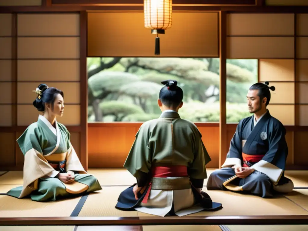 Negociación samurai en la diplomacia: imagen de samurai en una sala de té japonesa, con elegantes detalles y ambiente sereno