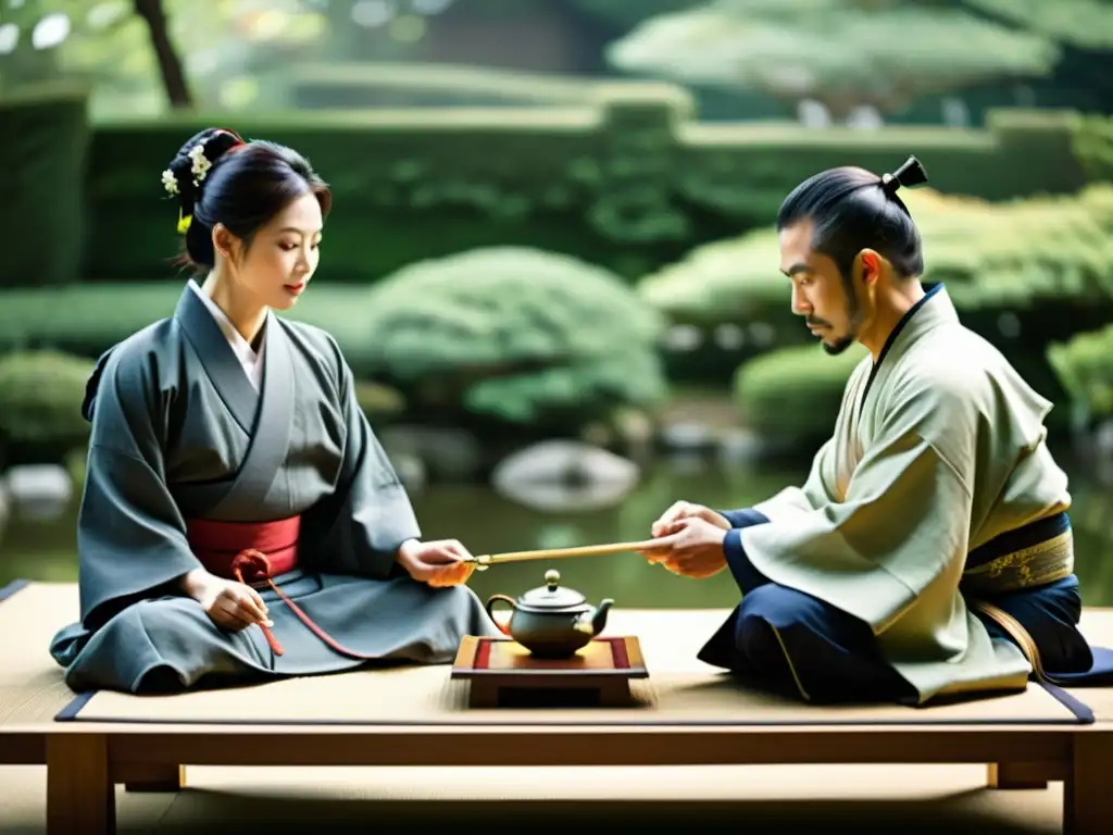 Negociación samurai en la diplomacia: Intrincado ritual de té japonés en jardín sereno