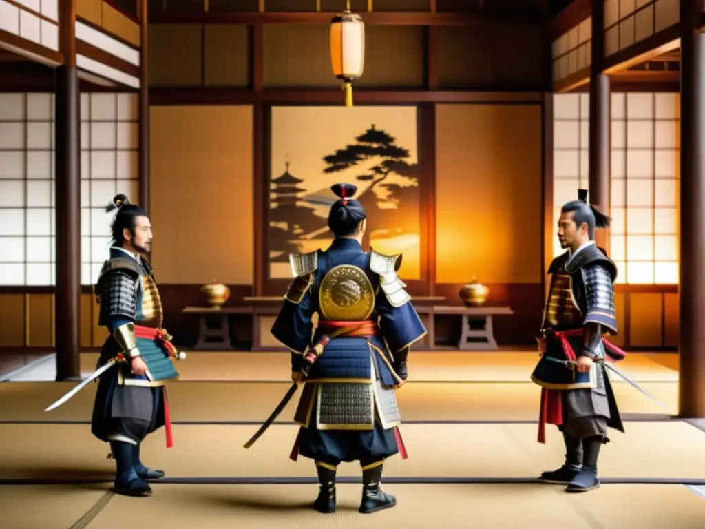 Negociación samurai en la diplomacia: Samurais en armadura tradicional tienen una conversación formal con señores feudales en un majestuoso salón japonés, mostrando respeto y determinación