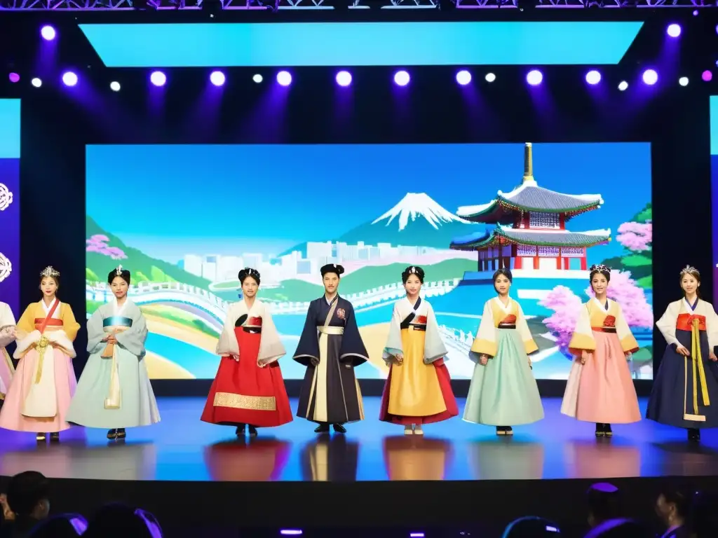 Diplomacia a través del KPop: KPop idols en hanbok, bailando en un escenario con LED y público diverso