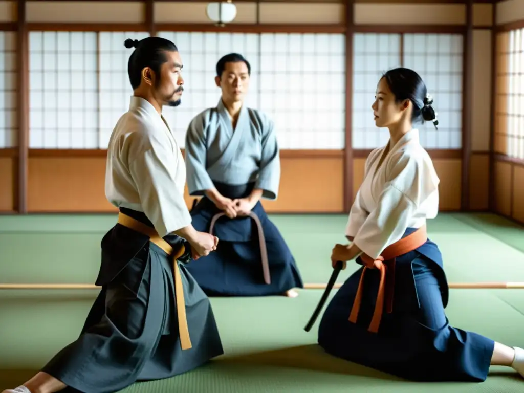 Diplomátas de Aikido practican en un dojo sereno, demostrando la armonía y la filosofía de paz del Aikido