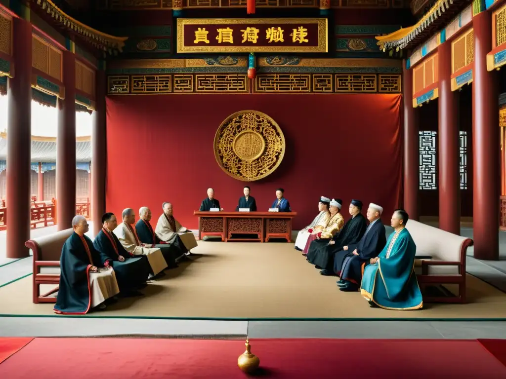 Reunión diplomática entre envoys chinos y extranjeros en una majestuosa sala decorada, evocando la diplomacia antigua China y alianzas guerras