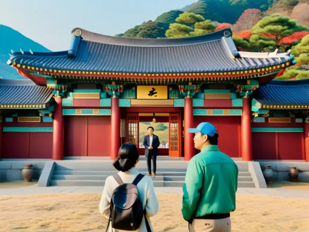 Director apasionado dirige escena en set de película en Corea del Sur, con arquitectura tradicional y moderna