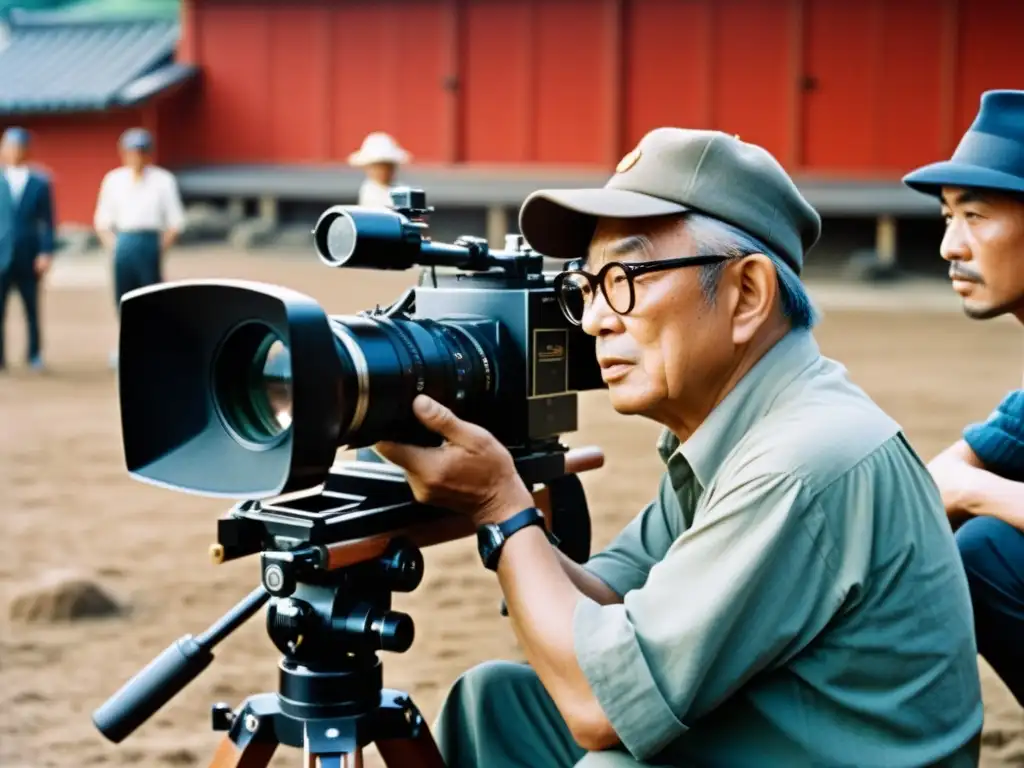 El director de cine Akira Kurosawa en el set de filmación, rodeado de un equipo diverso, capturando la esencia del cine asiático e identidad cultural