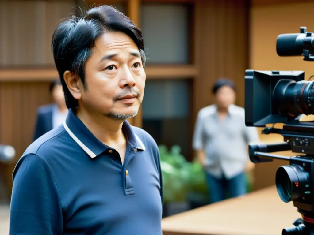 Director japonés Hirokazu Koreeda inmerso en una animada conversación con actores en el set, reflejando la colaboración artística en el cine asiático