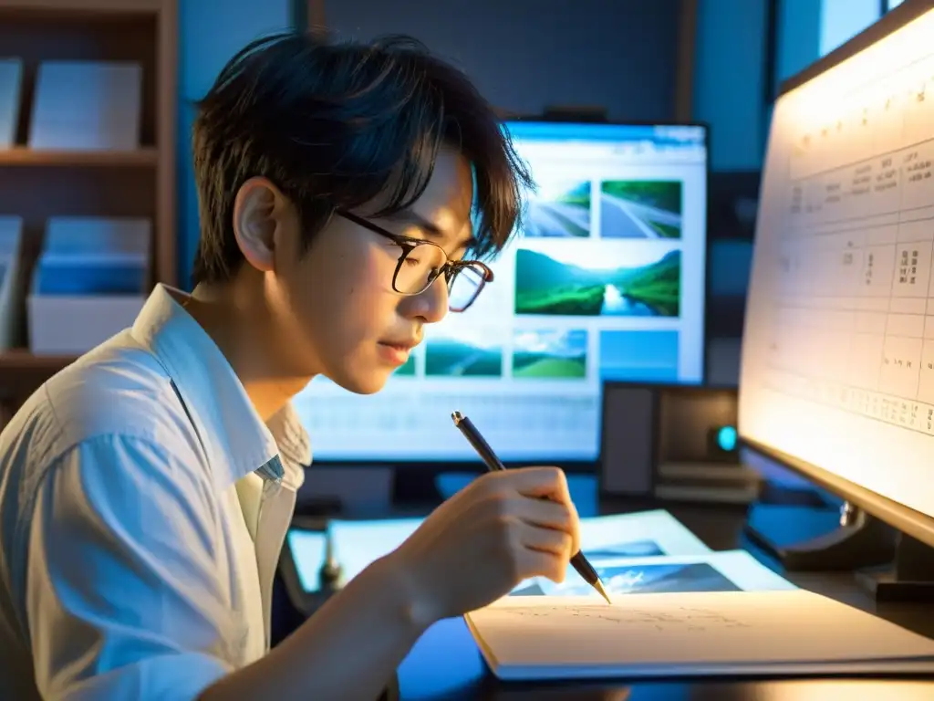 El director Makoto Shinkai trabaja intensamente en su estudio rodeado de bocetos y material de referencia, creando 'Your Name'