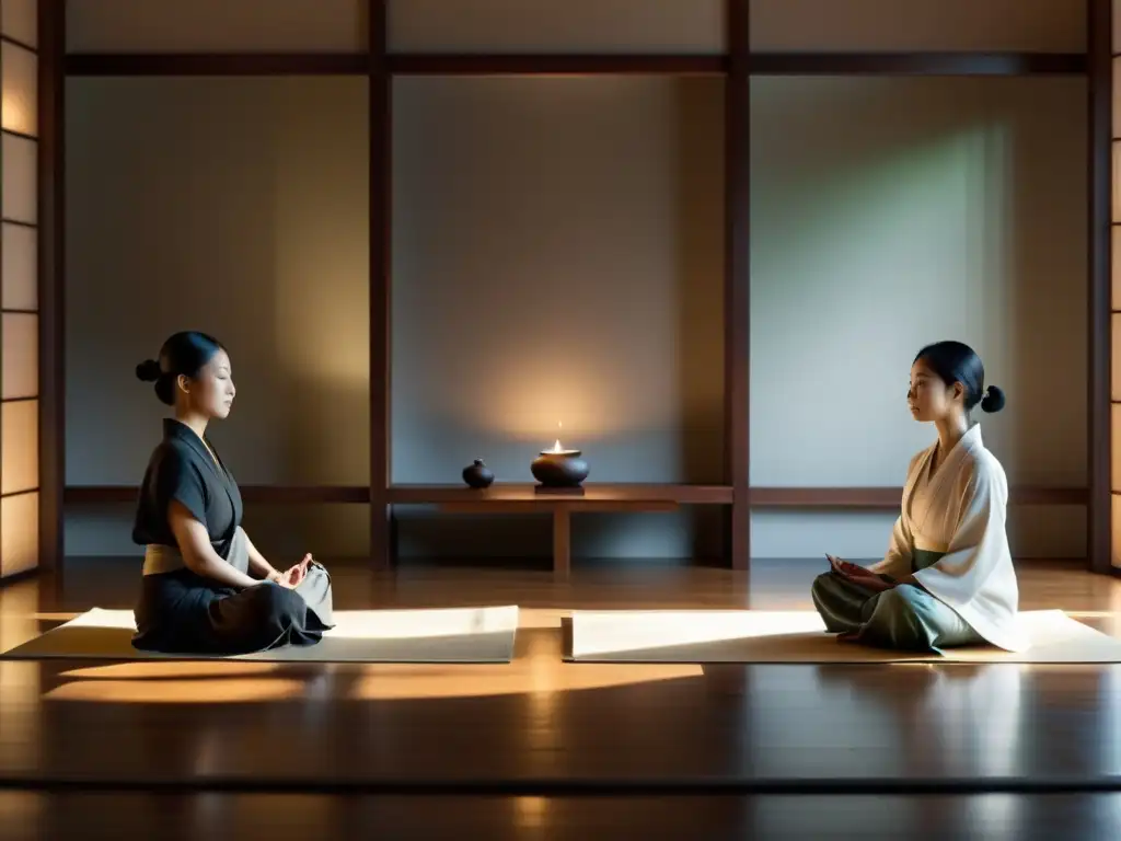 'Disciplina y libertad en meditación zen: Practicantes en perfecta quietud en un salón Zen iluminado por luz natural