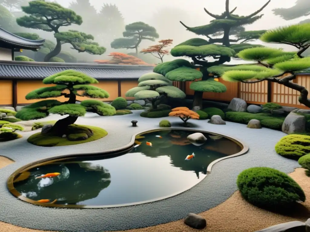 Jardín japonés meticulosamente diseñado con influencia samurai: bonsáis, estanque de koi y neblina serena