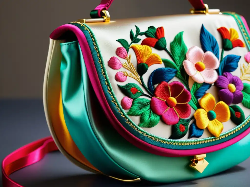 Diseñador asiático crea bolso de lujo, seda y bordados florales en vibrantes colores sobre fondo de motivos asiáticos