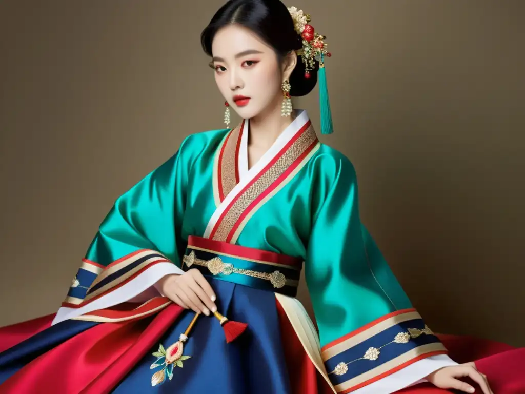 Diseñador de moda de lujo coreana moderna cosiendo a mano un hanbok tradicional en seda, fusionando elegancia ancestral con innovación contemporánea